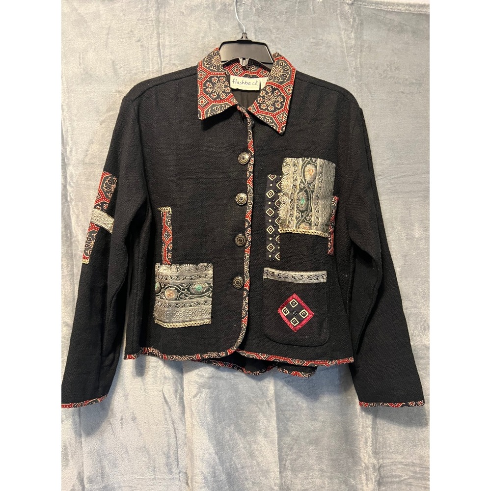 Flashback Folk Patchwork Jacket M, Black Red Boho India Cotton Bust 48 Y2K Vntge